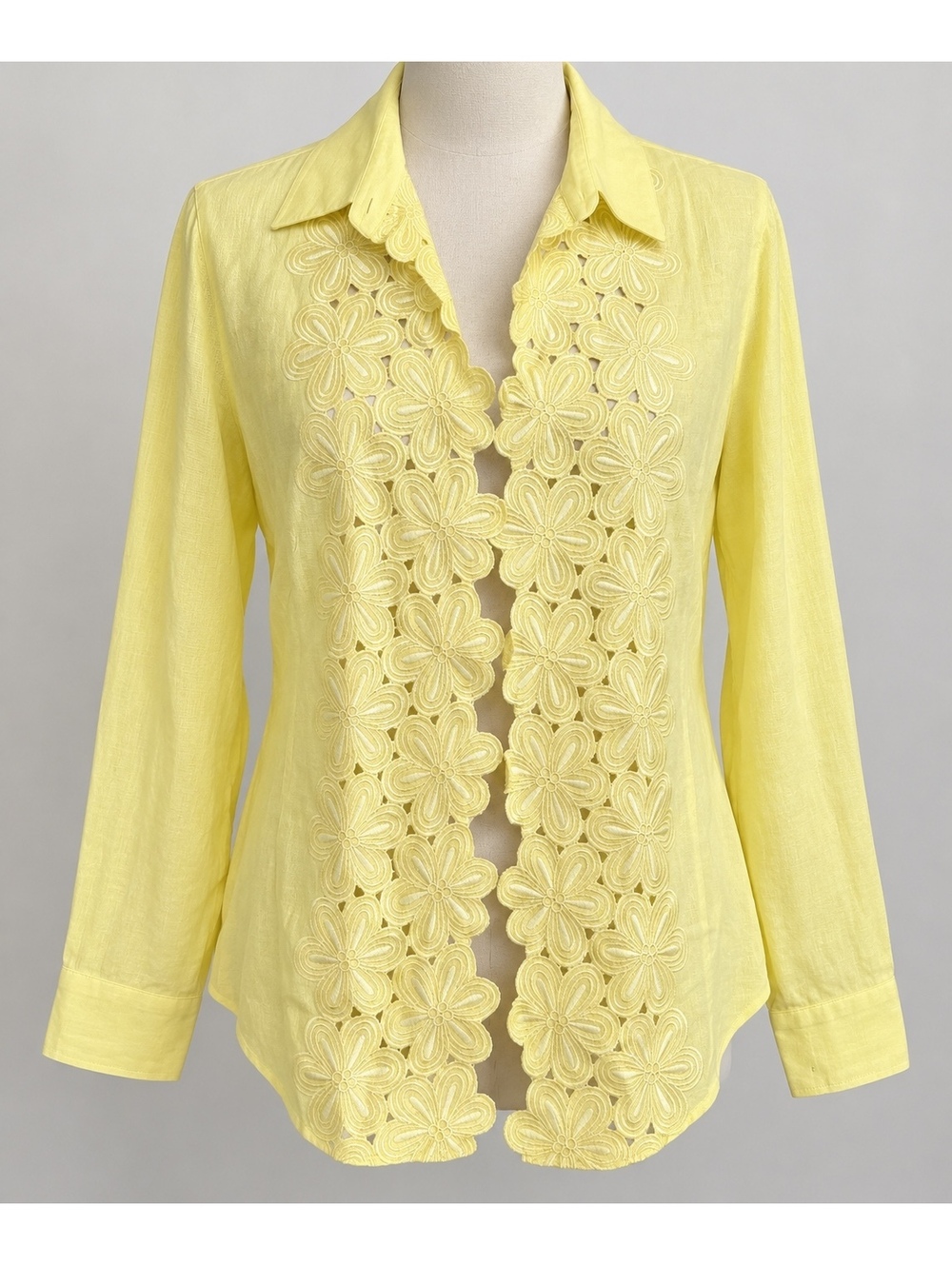Peter Nygard Linen Blouse Women 16 Yellow Floral Lace Embroidered
